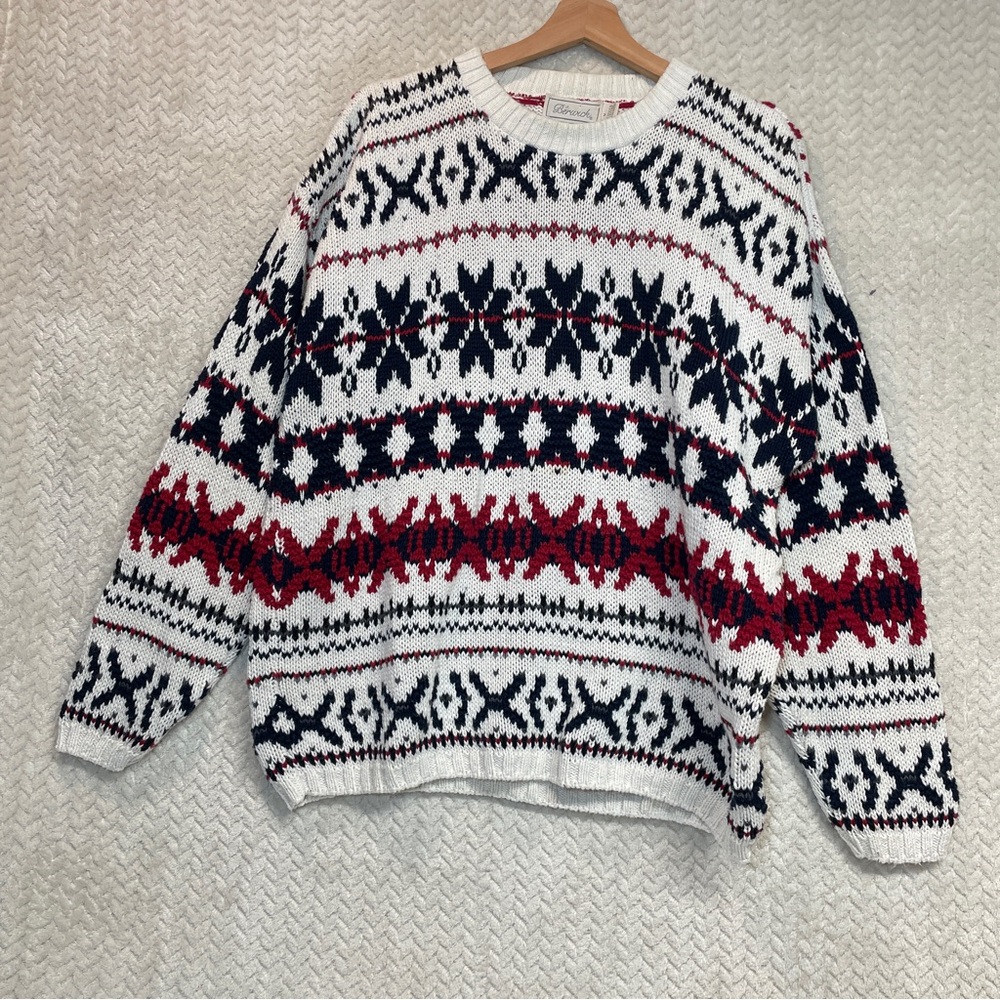 Berwick White Red Blue Vintage 90s Knit Grandpa Fair‎ Isle Sweater Men's Medium